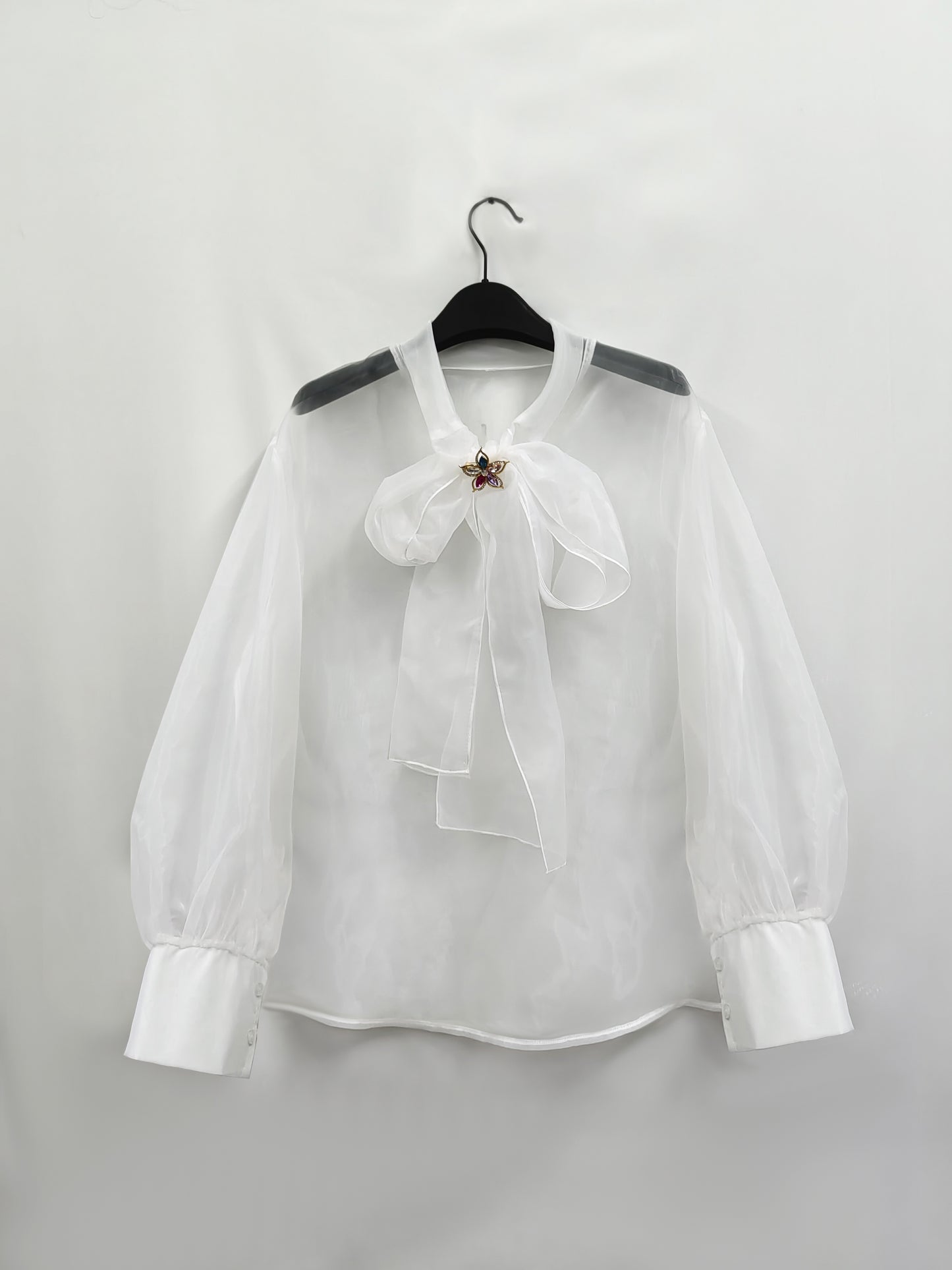 Elegant Plus Size Women'S Blouse with Sexy Bow Collar, Bubble Sleeves, and Pearl Accents - Chic Solid Color Non-Stretch Fabric for All Seasons, Plus Size Blouses