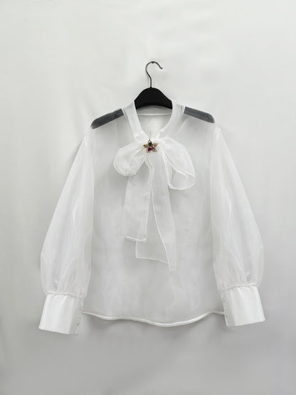 Elegant Plus Size Women'S Blouse with Sexy Bow Collar, Bubble Sleeves, and Pearl Accents - Chic Solid Color Non-Stretch Fabric for All Seasons, Plus Size Blouses