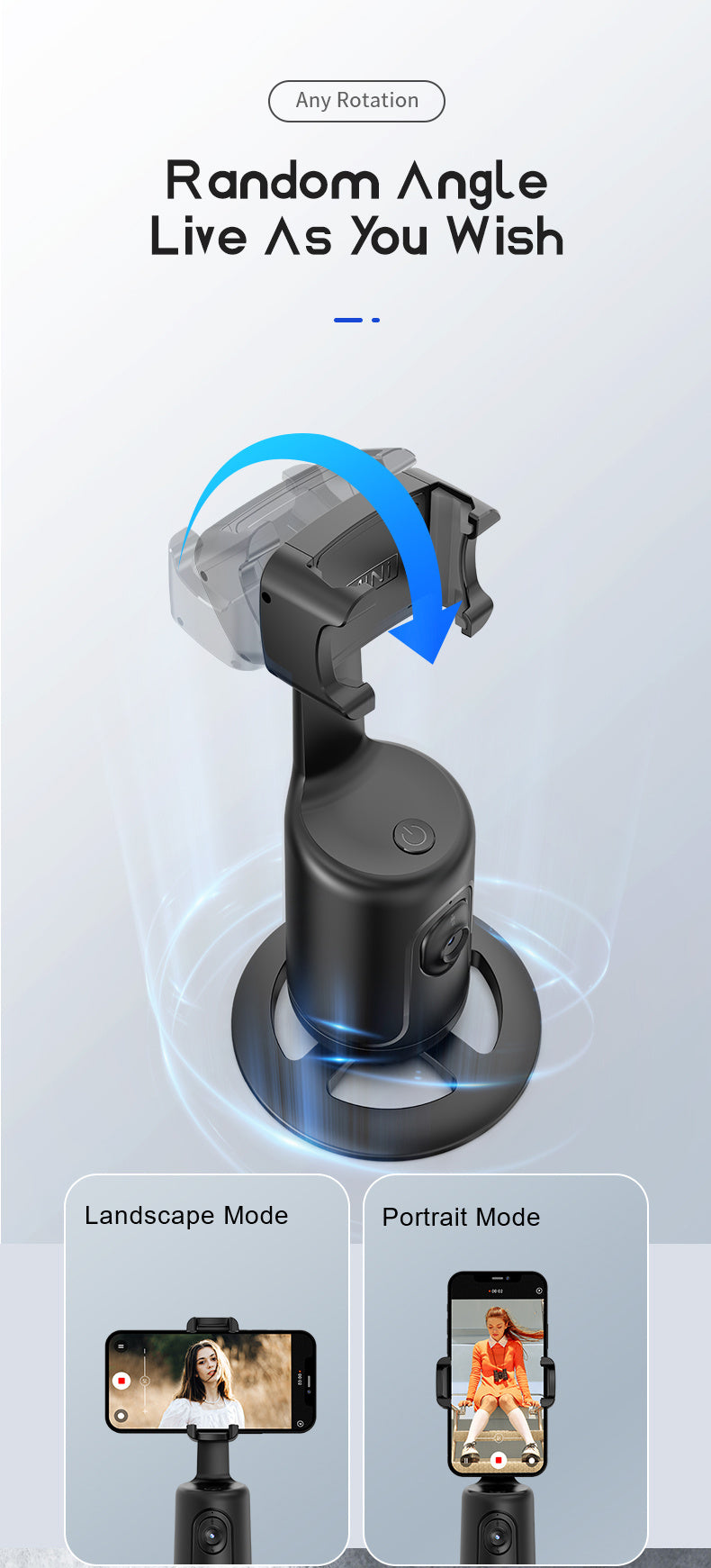 Tripé com seguimento facial automático, sem necessidade de aplicação, suporte para telemóvel com rotação de 360° para rosto e corpo, ideal para vlogs e live streams, bateria recarregável, preto.