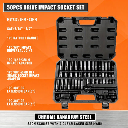 3/8" Drive Impact Socket Set, 6-Point 50pcs Standard Metric (8-22mm) &amp; SAE (5/16-3/4-Inch) CR-V Steel Sockets with Adapters and Tape Handle, Nice Gifts