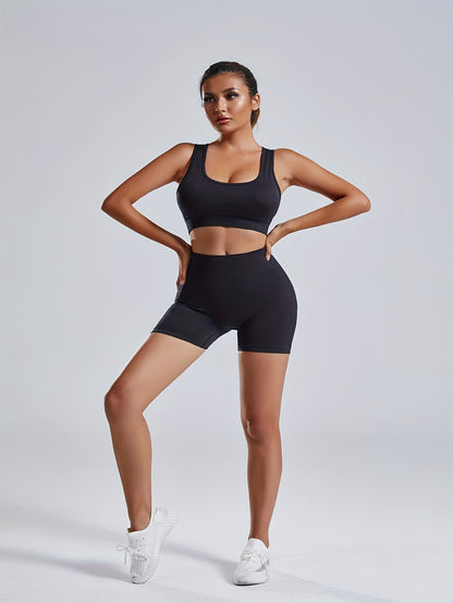 Women'S Seamless Sports Yoga Set, Summer New High Stretch Knit Fabric, Solid Color Polyamide 90% Elastane 10%, Short Length Fitness Gym Wear with Backless Bra and Butt Lifting Yoga Pants