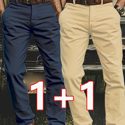 2pcs Men's Stretch Chino Pants - Straight-Leg Business Casual Trousers with Elastic Waistband, All-Season Formal &amp; Everyday Pants for Office, Meetings, and Casual Attire, Modern Pants, Comfortable Fit, Versatile