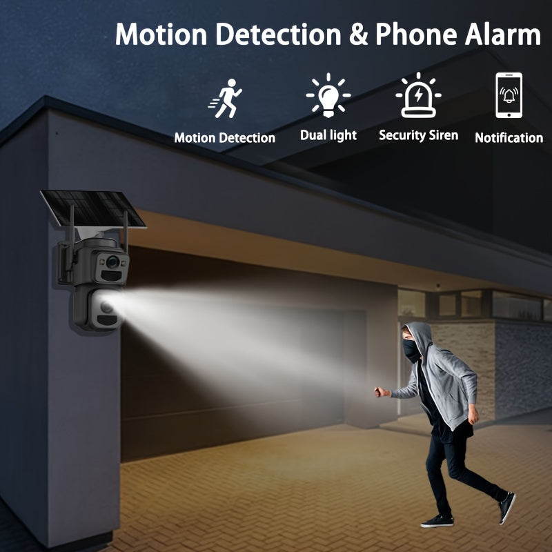 Multifunctional Security Camera with Solar Panel 2K 300W Pixel Video Resolution Wireless Outdoor WiFi Security Monitoring High-definition Dual Lens Automatic Rotation Pan Tilt Night Vision Motion Detection Bidirectional Call