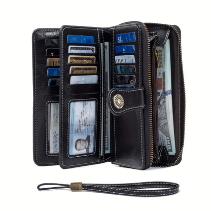 RFID Blocking Long Wallet With Wristlet, Retro Style Faux Leather Wallet With Multi Card Slots & Id Window