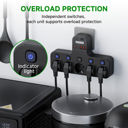European Wall Power Strip with 5 AC Outlets & 3 USB-A/3 USB-C Ports, Smart Power Strip with Individual Switches, Overload Protection, 3 Lighting Modes & Auto On/Off Timer, EU Plug (220V) for Home, Office, Dorm - Space-Saving