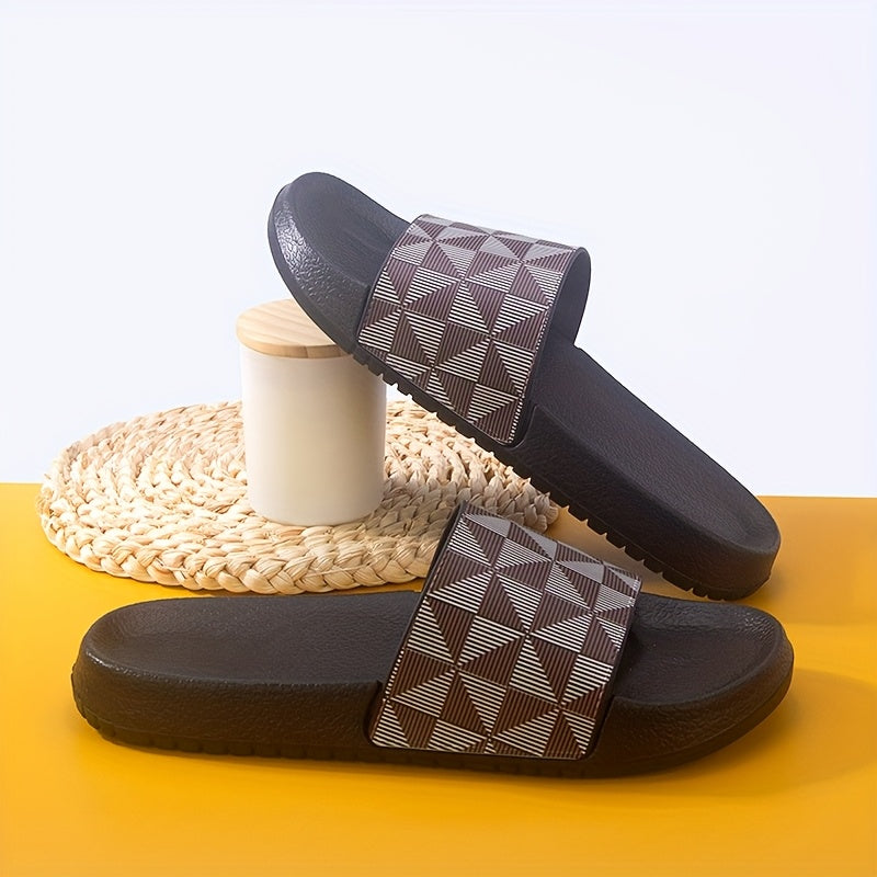 Men's Summer Slide Sandals - Non-Slip Soft Sole Casual Slippers with Geometric Pattern, Black & Gray, Comfortable for Indoor & Outdoor Use