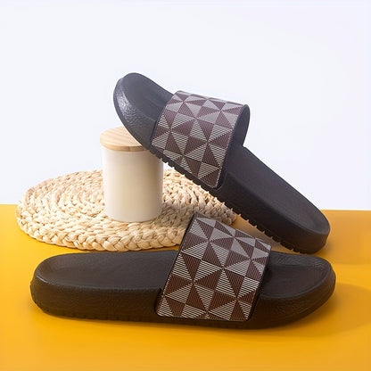Men's Summer Slide Sandals - Non-Slip Soft Sole Casual Slippers with Geometric Pattern, Black & Gray, Comfortable for Indoor & Outdoor Use
