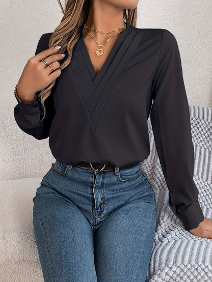 Women'S Elegant V-Neck Long Sleeve Shirt, Solid Color Polyester Blouse with Triple V-Cut, 95% Polyester 5% Elastane, Woven Fabric, 120g/m², for Spring/Summer/Fall - Adult