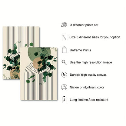 3pcs Boho Green Plant Eucalyptus Leaf Geometry Graphic Art Poster - Retro Canvas Print For Modern Wall Decor In Living Room And Home