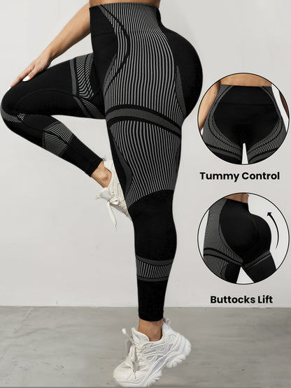 1pc Women'S Plus Size High Waist Seamless Yoga Pants, Nylon & Spandex Stretch Fabric, Striped Pattern, Breathable Mesh, Non-Waterproof, Spring/Summer/Autumn Tights for Yoga & Fitness