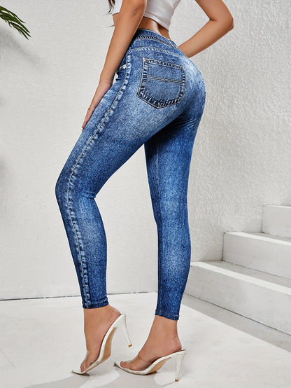 【imitation denim】New Women'S Fashion Casual Trendy Comfortable Breathable High-Waisted Stretchy Blue Faux Denim-Like Printed Leggings for Daily Commuting, Enhancing The Hips And Waist, Women'S Base Layer Pants, Fitted Leg