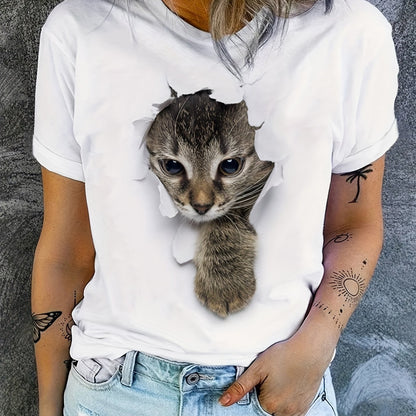 Cute Cat Print T-shirt, Crew Neck Short Sleeve T-shirt, Casual Everyday Tops, Women's Clothing