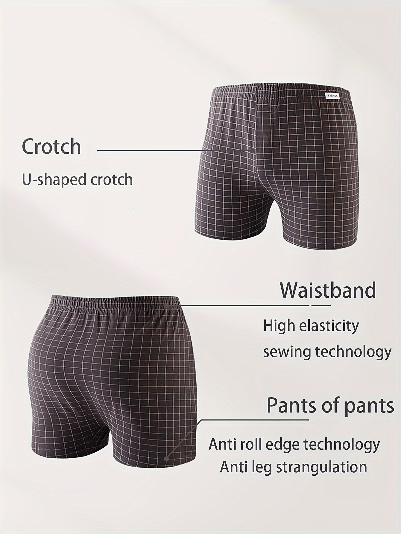 3pcs Men'S Loose Fit Plaid Boxer Briefs - 95% Mid-Rise Athletic Shorts with Elastic Waistband, Breathable &amp; Comfortable for Casual Attire, Black/White/Beige/White/Gray/Beige, Everyday Comfort Shorts | Relaxed Fit Shorts | Med