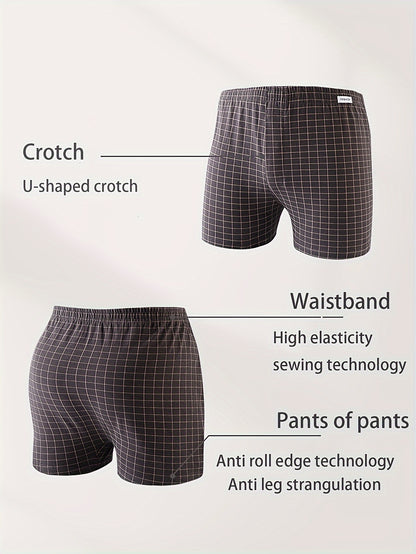 3pcs Men'S Loose Fit Plaid Boxer Briefs - 95% Mid-Rise Athletic Shorts with Elastic Waistband, Breathable &amp; Comfortable for Casual Attire, Black/White/Beige/White/Gray/Beige, Everyday Comfort Shorts | Relaxed Fit Shorts | Med