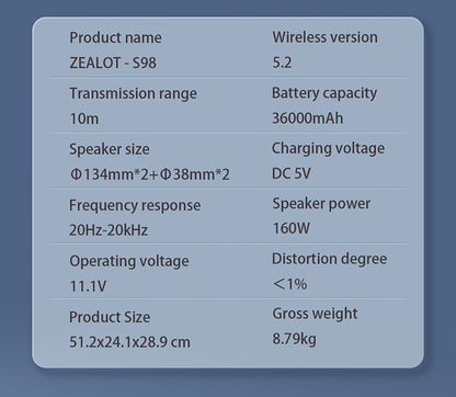 Zealot S98 Portable Wireless Speaker - 160W High-Power, 60H Playtime, IPX5, Fast Charging, Dual Pairing, Shocking Subwoofer, 36000mAh Battery, DSP Technology, Black with Red Accents