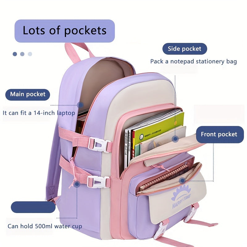 Chic Nylon Backpack for Girls - Cute Cartoon Design, Adjustable Straps, Lightweight backpack, Perfect for Elementary to High School Students