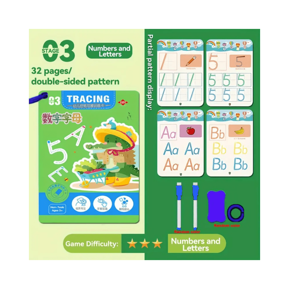 32-Page Magic Writing Practice Book - Reusable Pencil Control Training Workbook with Tracing Letters, Numbers &amp; Shapes, Interactive Whiteboard-Style Pages for, Kindergarten Learning, Activities, Christmas/Halloween Gift, Educ