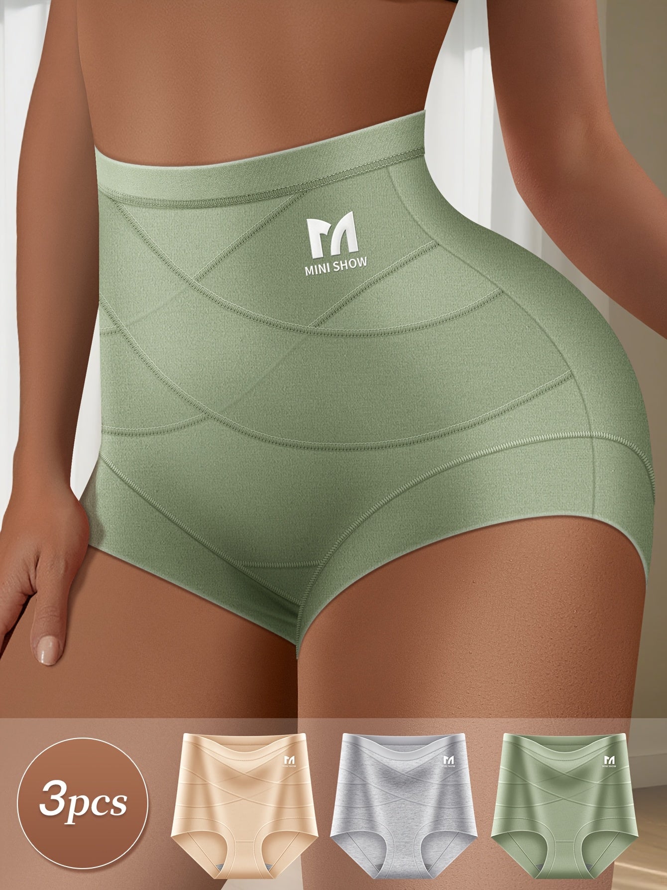 3pcs Women'S High-Waist Tummy Control Briefs - Green, Beige, Light Gray - Breathable & Comfortable with Ribbed Texture for Posture Support & Belly Control, High Waisted Leggings, Posture Support Underwear, Sleek Underwear Des