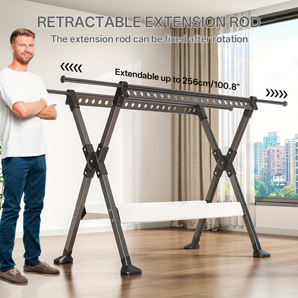 90-Inch Heavy Duty Stainless Steel Clothes Drying Rack with Windproof Hooks, Adjustable Length & 2-Tier Space-Saving Design - Freestanding Telescopic Laundry Rack for Indoor/Outdoor Use, Foldable with Sturdy Base & Top Shelf,