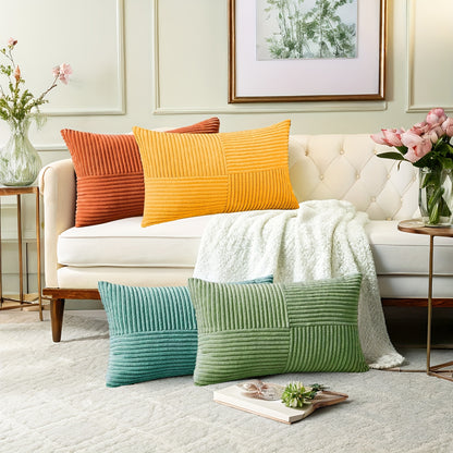 4pcs Bohemian Style Patchwork Textured Gradient Throw Pillow Covers, 30.48cm*50.8cm, 45.72cm*45.72cm, Soft Corduroy Decor Cushion Covers in Green, Orange, Teal, Yellow, Zip Closure, Hand Wash Only, Polyester Fiber, Farmhouse