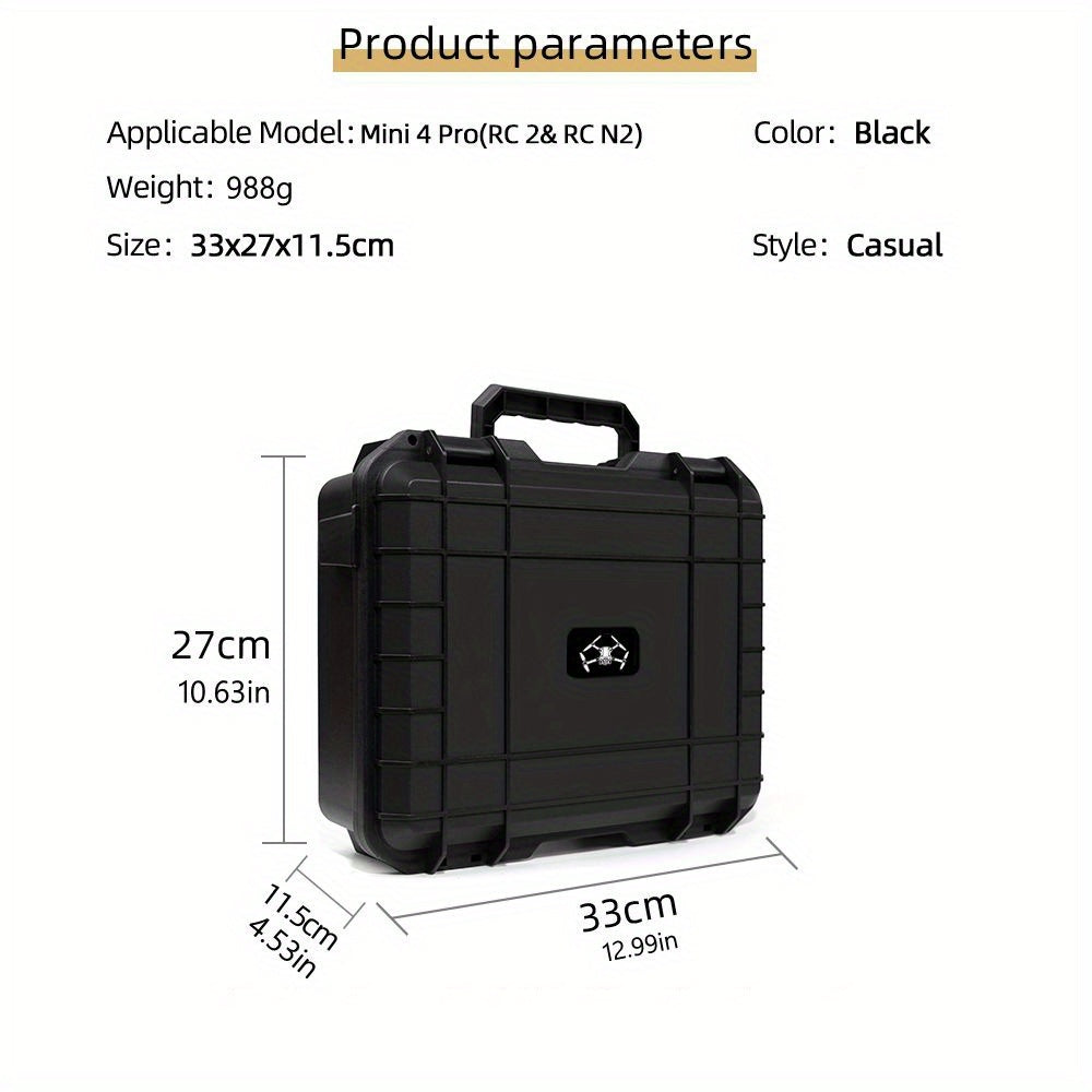 Estojo de transporte protetor para DJI Mini 3/4 e Mini 3/4 Pro, com pega antiderrapante para facilitar o transporte e fecho reforçado.