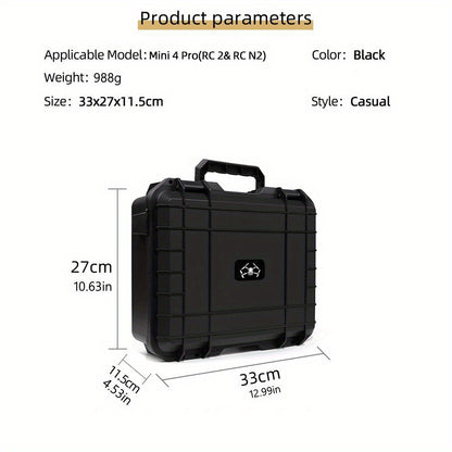 Estojo de transporte protetor para DJI Mini 3/4 e Mini 3/4 Pro, com pega antiderrapante para facilitar o transporte e fecho reforçado.