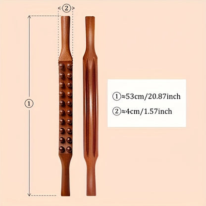 1pc 20-Bead Massage Stick with Wooden Handle - Muscle Shaping & Deep Tissue for Back, Neck, Abdomen, Hands, Legs, Waist - Post-Workout Relaxation Tool for Men & Women, Fascial Knife Stick, Body Massager, Ergonomic Design, Nat