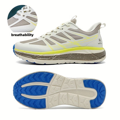 Men's All-Season Breathable Sneakers - Non-Slip Cushioned MD Sole, White/Gray/, Lace-Up Mid-Top Sneakers for Running, Gym, Hiking, Everyday - Extended Sizes Available, Outdoor Activities, Geometric Pattern, Secure Fit, Versat