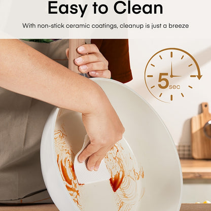 15pcs Ceramic Pots and Pans Set, Non-stick Cookware Sets, Kitchen Induction Cooking Set with Pizza Pan, Food Steamer, Saucepans, Frying Pans (White)