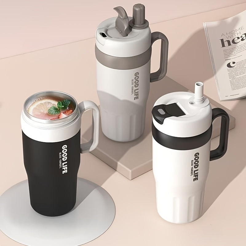 Copo térmico em aço inoxidável 304 com parede dupla e pega, capacidade de 720ml, com palhinha – Caneca desportiva portátil para viagens e atividades ao ar livre, garrafa de água essencial de alta capacidade para carro e atividades ao ar livre.