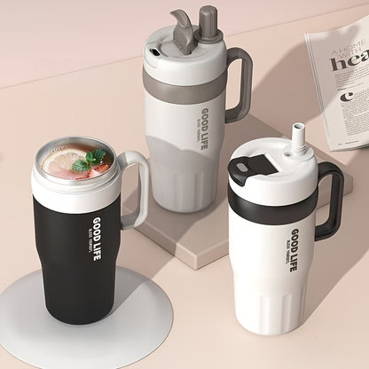 Copo térmico em aço inoxidável 304 com parede dupla e pega, capacidade de 720ml, com palhinha – Caneca desportiva portátil para viagens e atividades ao ar livre, garrafa de água essencial de alta capacidade para carro e atividades ao ar livre.