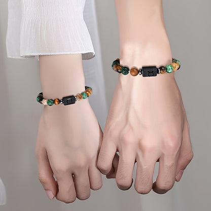 1pc PINAINICE 12 Zodiac Natural Stone Bead Bracelet - Elastic Stretch Fit, Marbled Earthy Tones with Golden Accents, Unisex Astrology Gift for Men & Women, Daily Wear & Special Occasions, Zodiac Bracelet, Casual Jewelry, Zodi