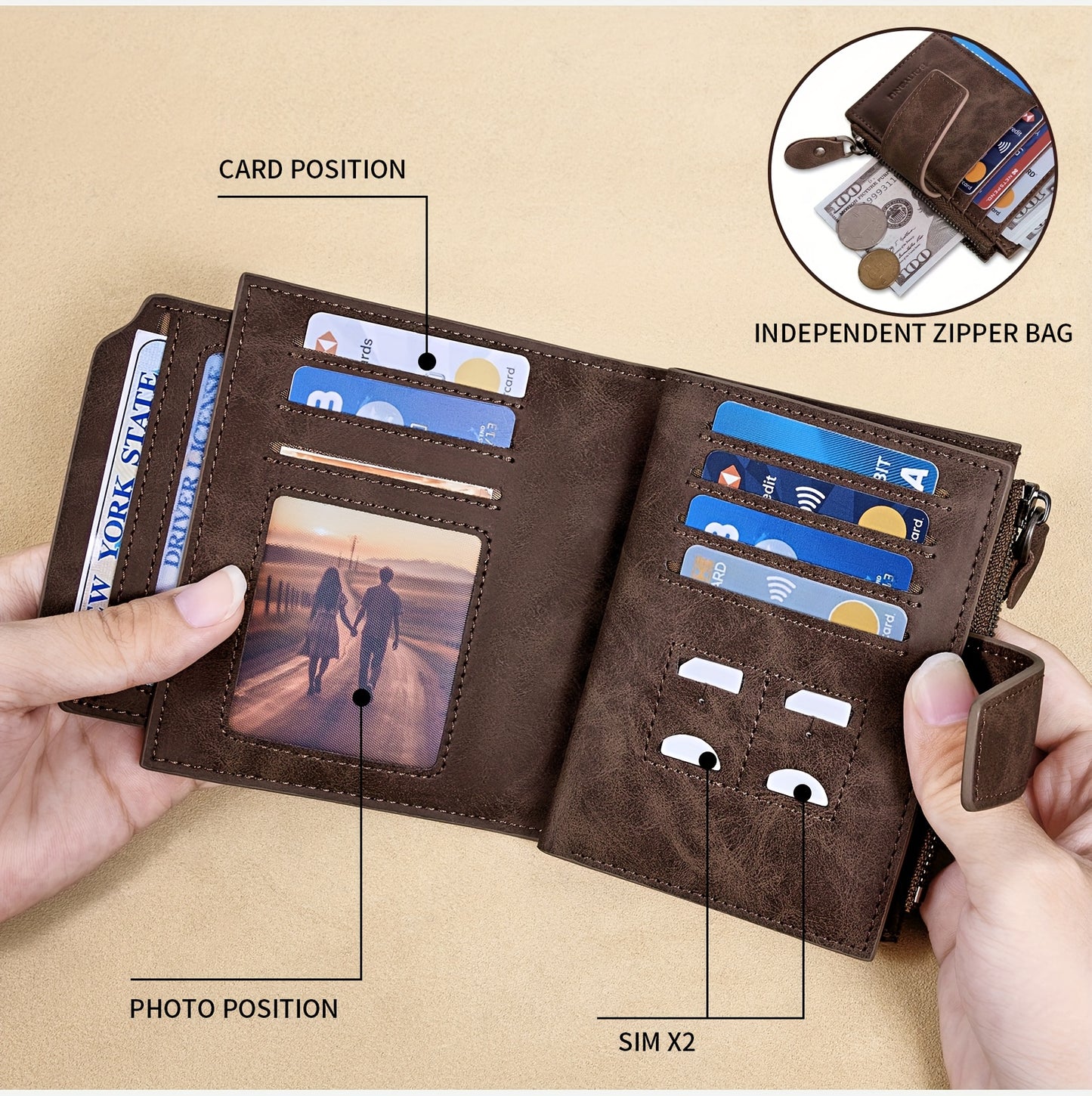 BANYANU Vintage Genuine Leather Wallet for Men - RFID Blocking, 17 Card Slots, Zippered Coin Pocket &amp; Independent Card Holder, Brown, Perfect Father'S Day Gift, Secure Card Storage | Vintage Wallet | Durable Zipper Closure, B