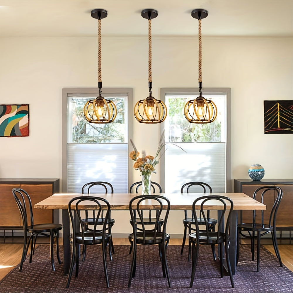 1pc Hemp Rope Chandelier, Industrial Black Metal Cage Shade Hemp Rope Hanging Lamp, Adjustable E26 Chandelier Lighting Kit For Cafe Kitchen Living Room Warehouse Bar (Not Include Bulb)