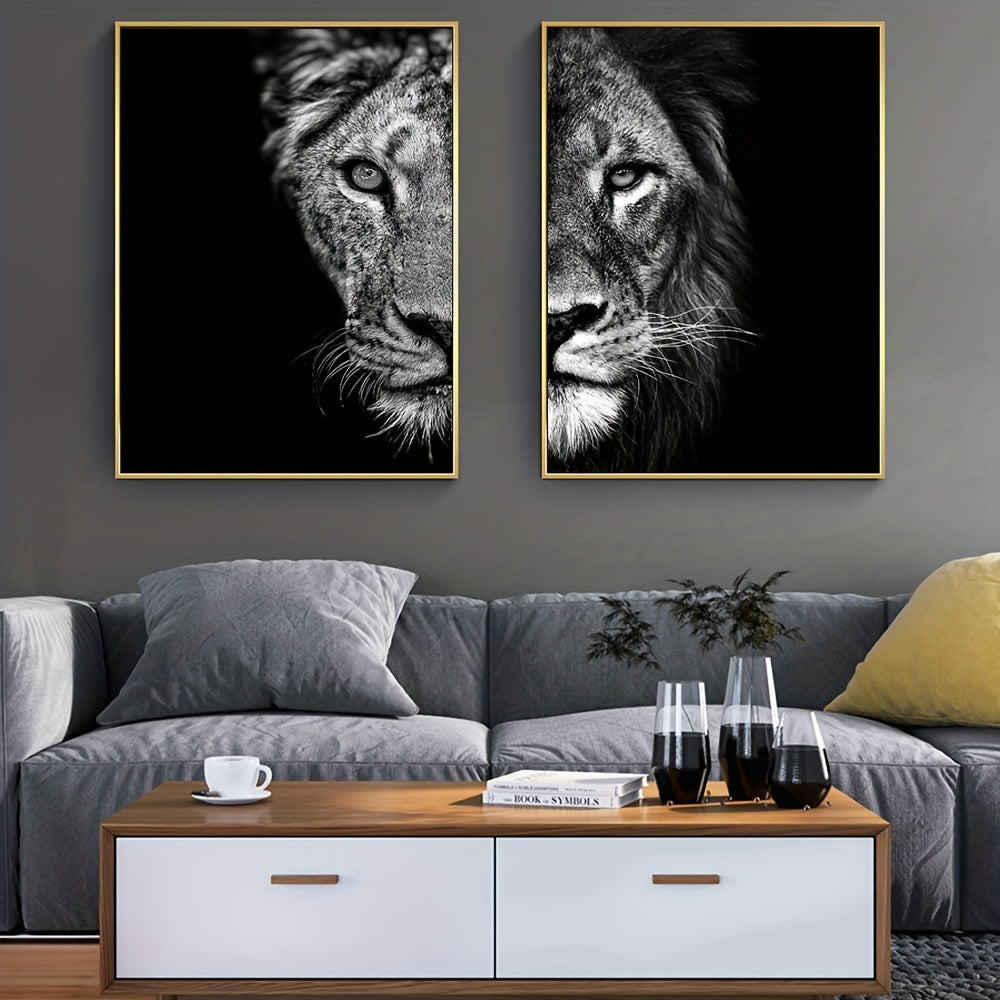 2pcs African Lion Wall Poster - Unframed Canvas Painting for Home Decor - 15.7x23.6in/40cmx60cm - Black and White Design
