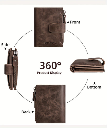 BANYANU Vintage Genuine Leather Wallet for Men - RFID Blocking, 17 Card Slots, Zippered Coin Pocket &amp; Independent Card Holder, Brown, Perfect Father'S Day Gift, Secure Card Storage | Vintage Wallet | Durable Zipper Closure, B