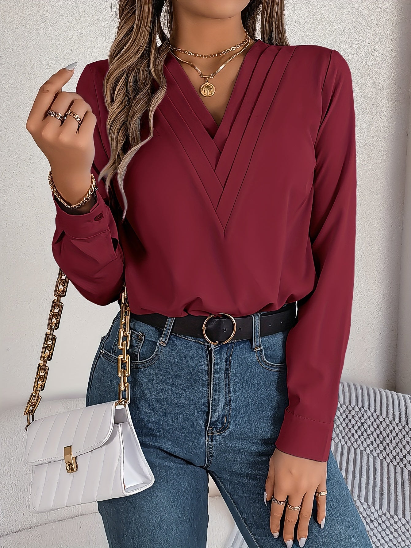 Women'S Elegant V-Neck Long Sleeve Shirt, Solid Color Polyester Blouse with Triple V-Cut, 95% Polyester 5% Elastane, Woven Fabric, 120g/m², for Spring/Summer/Fall - Adult