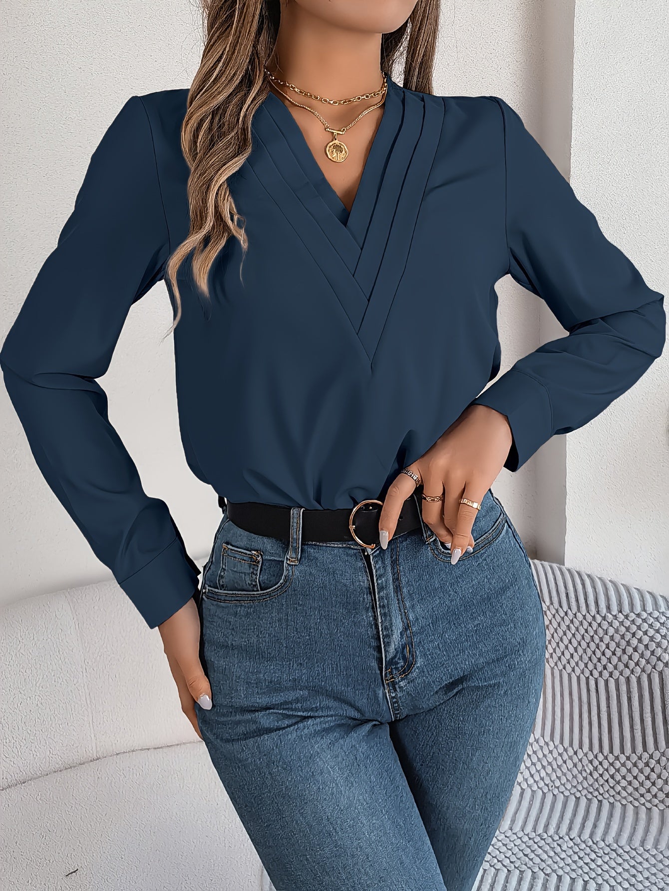Women'S Elegant V-Neck Long Sleeve Shirt, Solid Color Polyester Blouse with Triple V-Cut, 95% Polyester 5% Elastane, Woven Fabric, 120g/m², for Spring/Summer/Fall - Adult