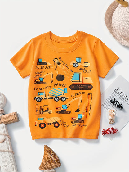 Boys' Cotton Short Sleeve T-Shirt with Cartoon Excavator Print, Breathable Summer Trend