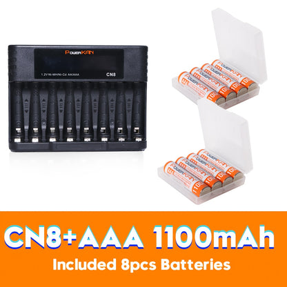 POWERKAN kit (battery + charger), 1.2V NiMH rechargeable AA and AAA batteries + CN8 charger, AA/AAA rechargeable and reusable, suitable for remote controls, alarm clocks, microphones and other household essential electronic d