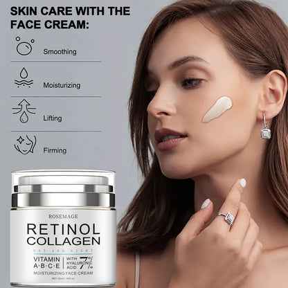 Retinol Collagen Cream, Intensive Moisturizing Firming Face Cream for Sensitive Light Beige, Day and Night Use, Enriched with Vitamins A, B, C, and E, Hyaluronic Acid to Brighten Complexion, Smooth and Radiant Finish, 50ml/1.