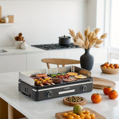 2400W Electric Indoor Grill Griddle with large 25x30cm nonstick plates, 2-part adjustable temperature control, pancake and egg maker, drip tray and indicator light - Portable stainless steel flat top grill for kitchen, camping, etc.