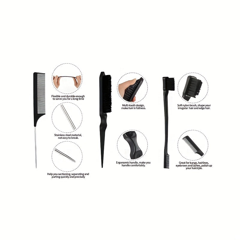 3pcs Hairdressing Tools Hair Styling Comb Set Teasing Hair Brush Rat Tail Comb Edge Brush