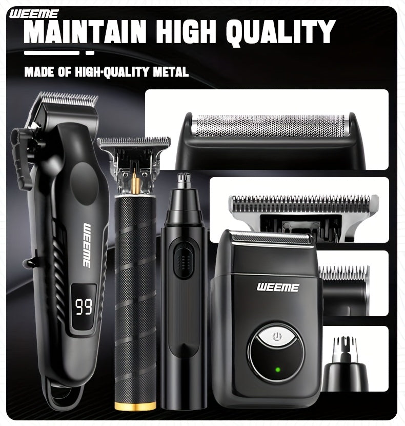 WEEME 4pcs Men's facial grooming set, household electric hair clipper set USB fast-charging electric hair clipper + T-trimmer + razor + nose hair clipper Haircutting, shaving, nose hair t* Car travel home Father's Day/Birthda
