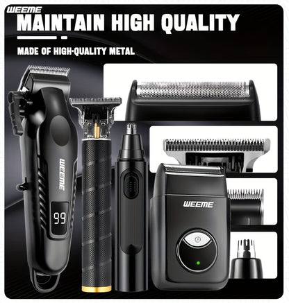 WEEME 4pcs Men's facial grooming set, household electric hair clipper set USB fast-charging electric hair clipper + T-trimmer + razor + nose hair clipper Haircutting, shaving, nose hair t* Car travel home Father's Day/Birthda