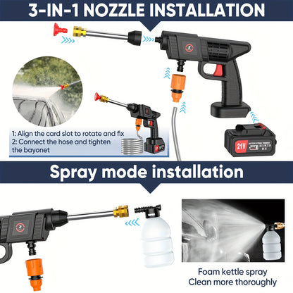 21V Cordless Electric Pressure Washer with 1300mAh Battery and Charger - Handheld Power Washer, Lithium-ion Battery Powered, Ergonomic Design with Adjustable Nozzle &amp; Hose Connector for Cars, Floors, Garden,