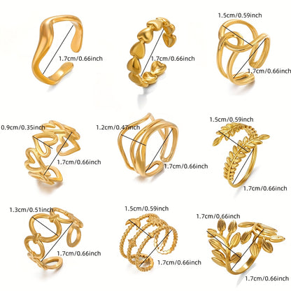 Conjunto de 5 e 6 anéis ajustáveis ​​em aço inoxidável dourado com formato de coração, estrela e lua para mulher. Anéis de metal estilo hip-hop, perfeitos como acessórios para oferecer. Joias estilo K-pop.