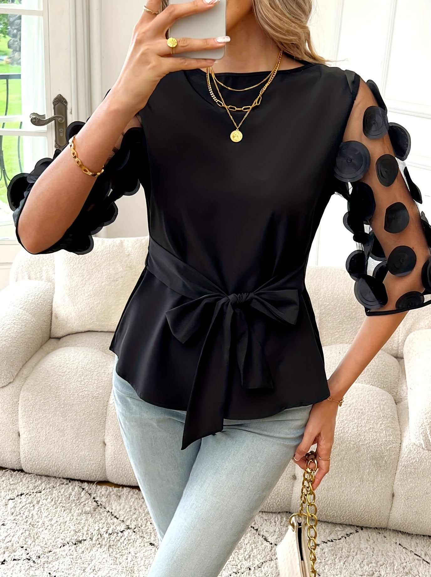 Elegant Off-Shoulder Blouse with Sheer Mesh Panel &amp; Tie-Waist Detail - Chic Solid Color, Half-Sleeve Design, Machine Washable - Perfect for Stylish Outfits