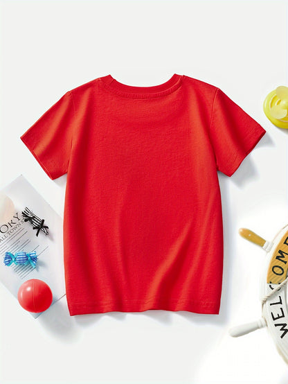 Boys' Cotton Short Sleeve T-Shirt with Cartoon Excavator Print, Breathable Summer Trend