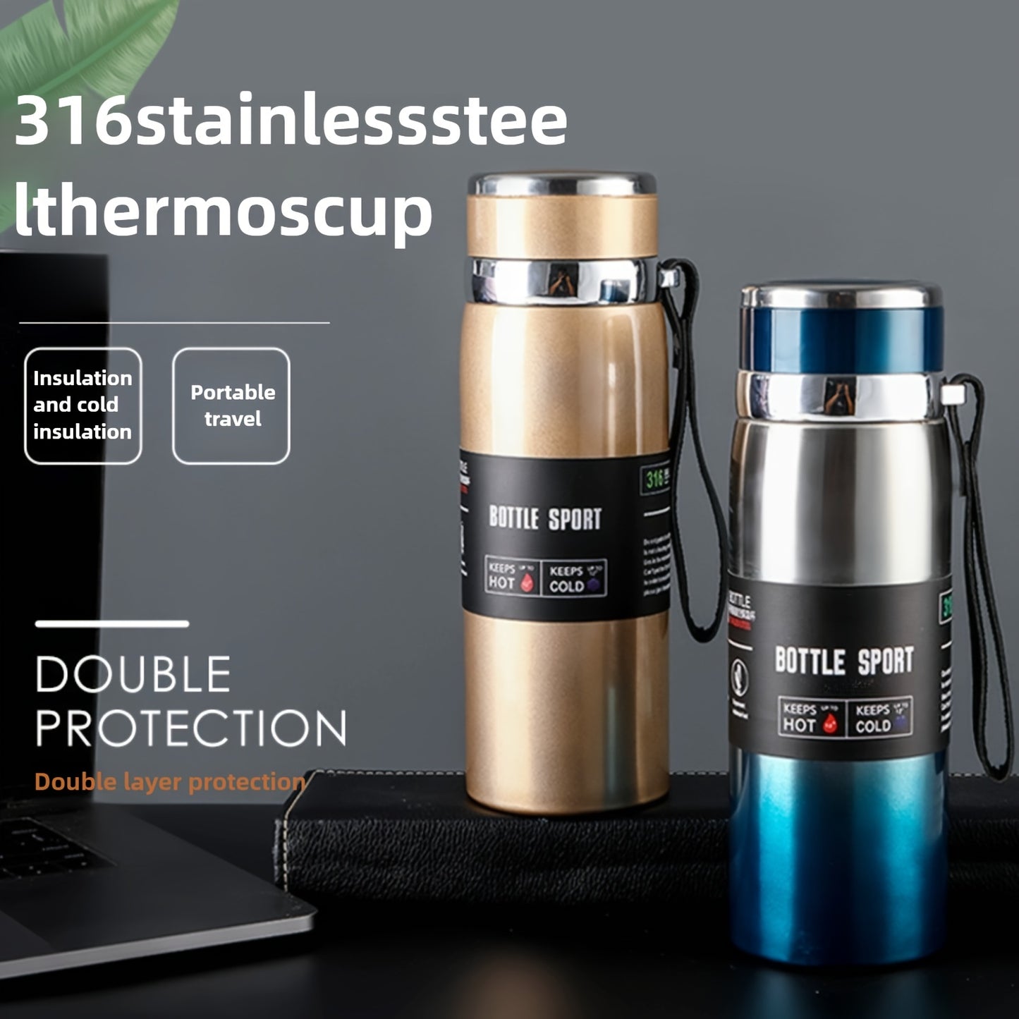 1000ml/33.8oz Stainless Steel Thermos - Double-Wall Vacuum Insulated Cup with Leakproof Lid, 24-Hour Hot/Cold Retention, Large Mouth for Easy Cleaning - Matte Finish, Ideal for Camping, Hiking, Office, Travel - Keeps Drinks H